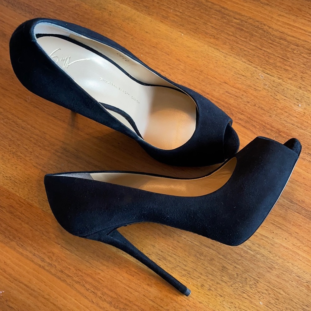 NEW! Giuseppe Zanotti Italy Black Suede Peep Toe High Heels 41